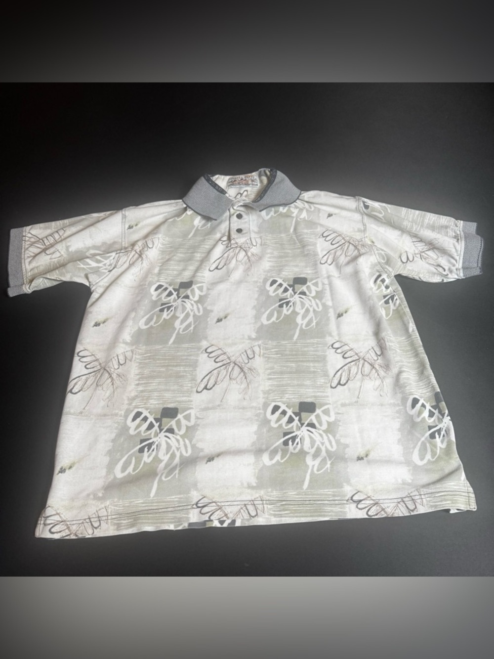 Island Trends Aloha Polo Large Gray Cream Hawaiian Tropical Boho
